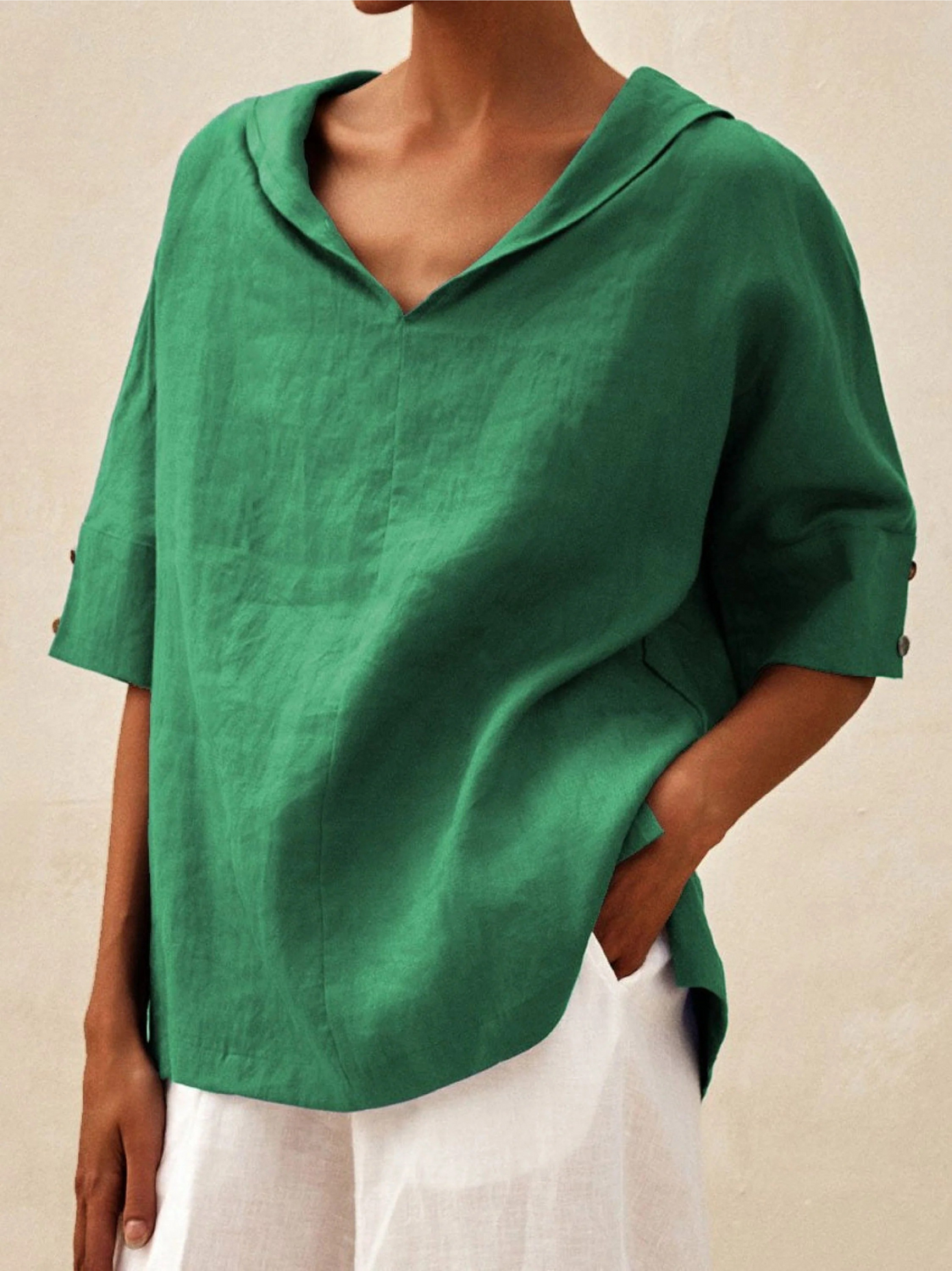 Women's Casual Linen Shirt with V-Neck