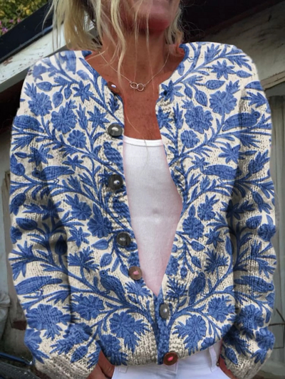 Lora - Lovely Meadows Floral Pattern Printed Buttoned Cardigan Sweater