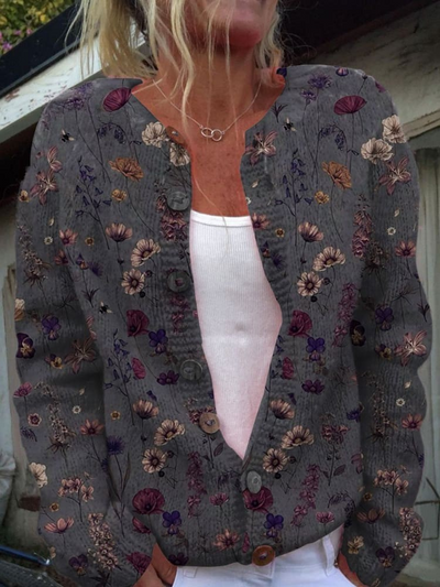 Martha - Floral Art Print Buttoned Cardigan Sweater