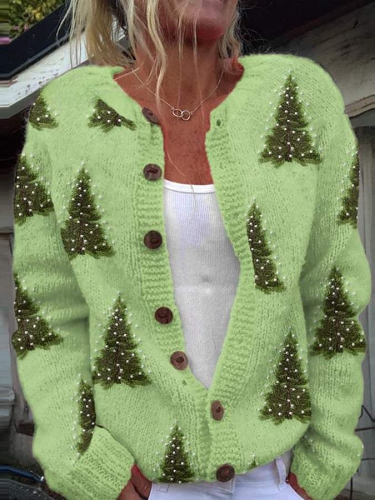 Pam - Women's Lovely Christmas Tree Art Print Buttoned Cardigan Sweater
