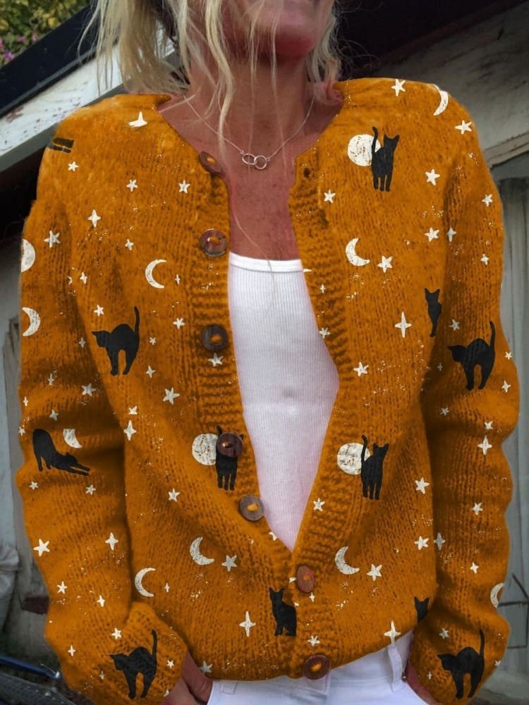 Holly - Halloween Black Cat Art Print Buttoned Cardigan Sweater