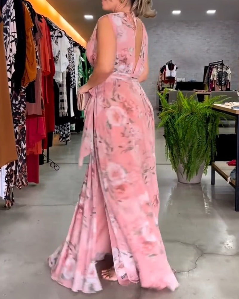 Yvette - Sleeveless Floral Split Hem Long Dress