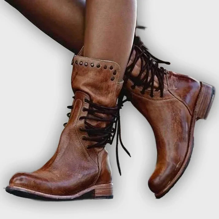 Teagan - Retro Mid-Calf Cross-Tied Boots