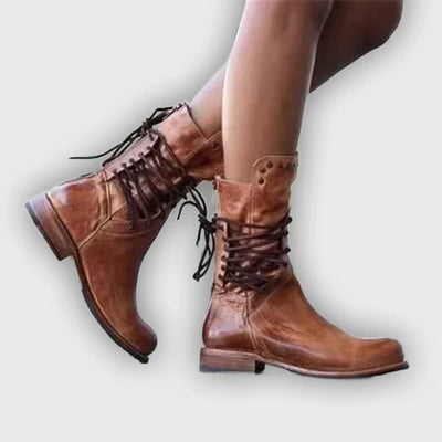 Teagan - Retro Mid-Calf Cross-Tied Boots