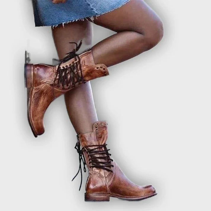 Teagan - Retro Mid-Calf Cross-Tied Boots