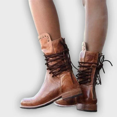 Teagan - Retro Mid-Calf Cross-Tied Boots