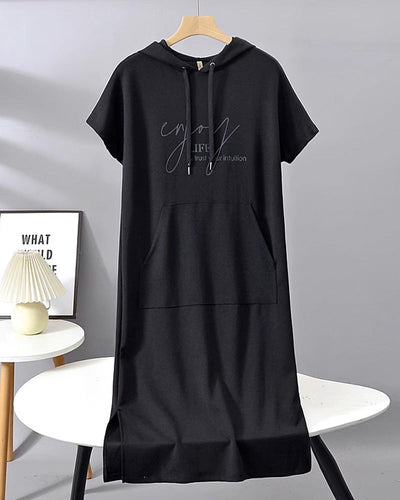Edith - Casual Letter Print Hooded Pullover Dress