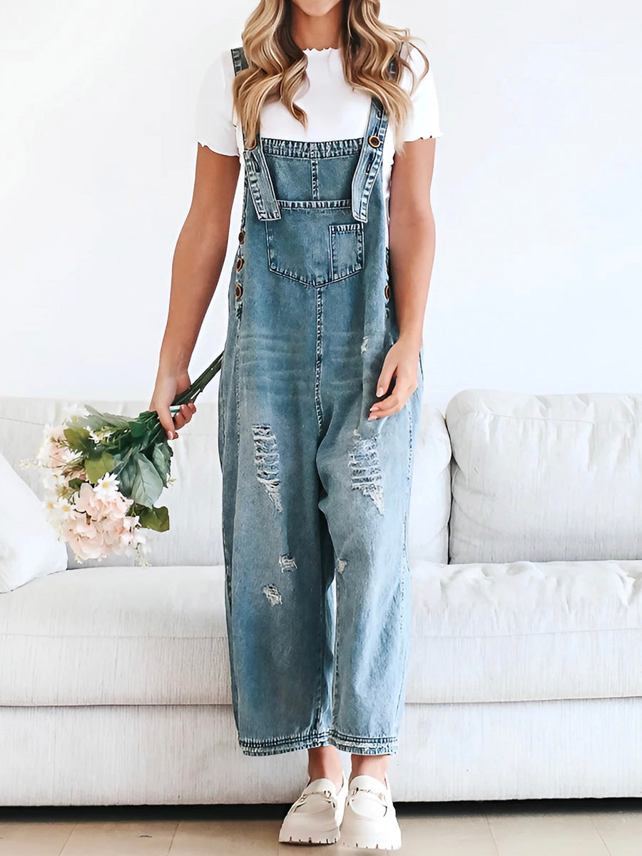 Thessaly - Distressed Denim Overalls