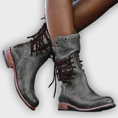 Teagan - Retro Mid-Calf Cross-Tied Boots