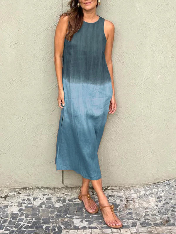 Tova - Casual Cotton Linen Side Split Long Dress