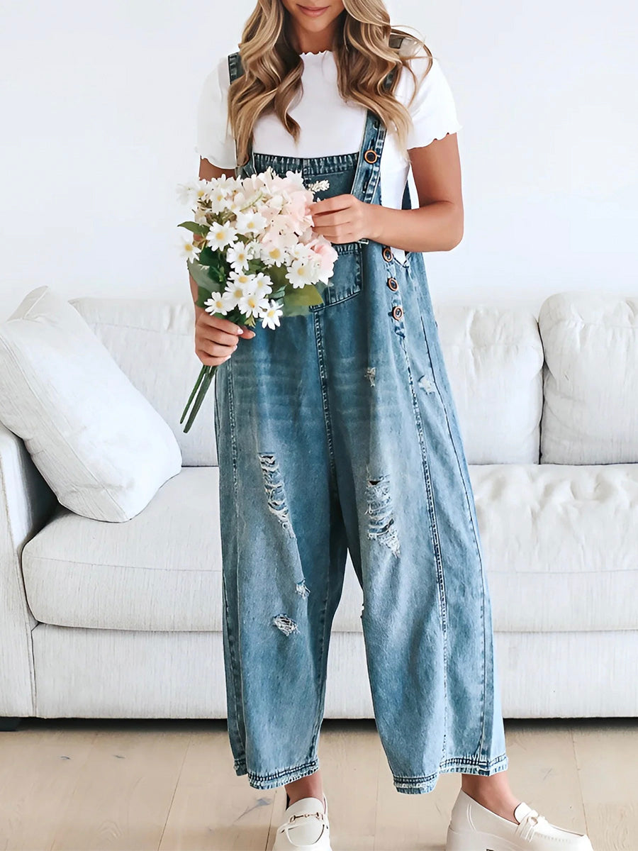 Thessaly - Distressed Denim Overalls