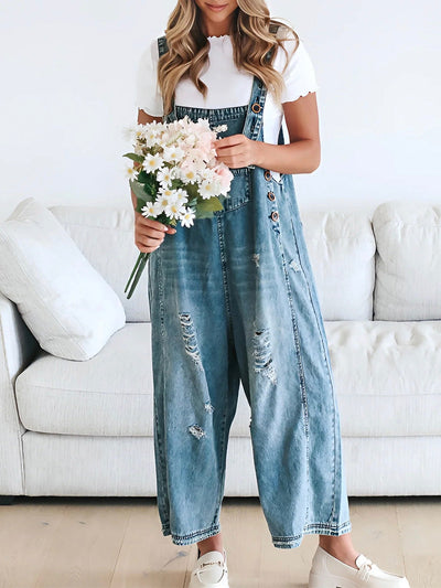 Thessaly - Distressed Denim Overalls