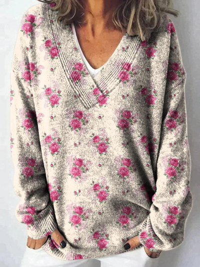 V-neck sweater with a repeating pattern of French watercolor roses
