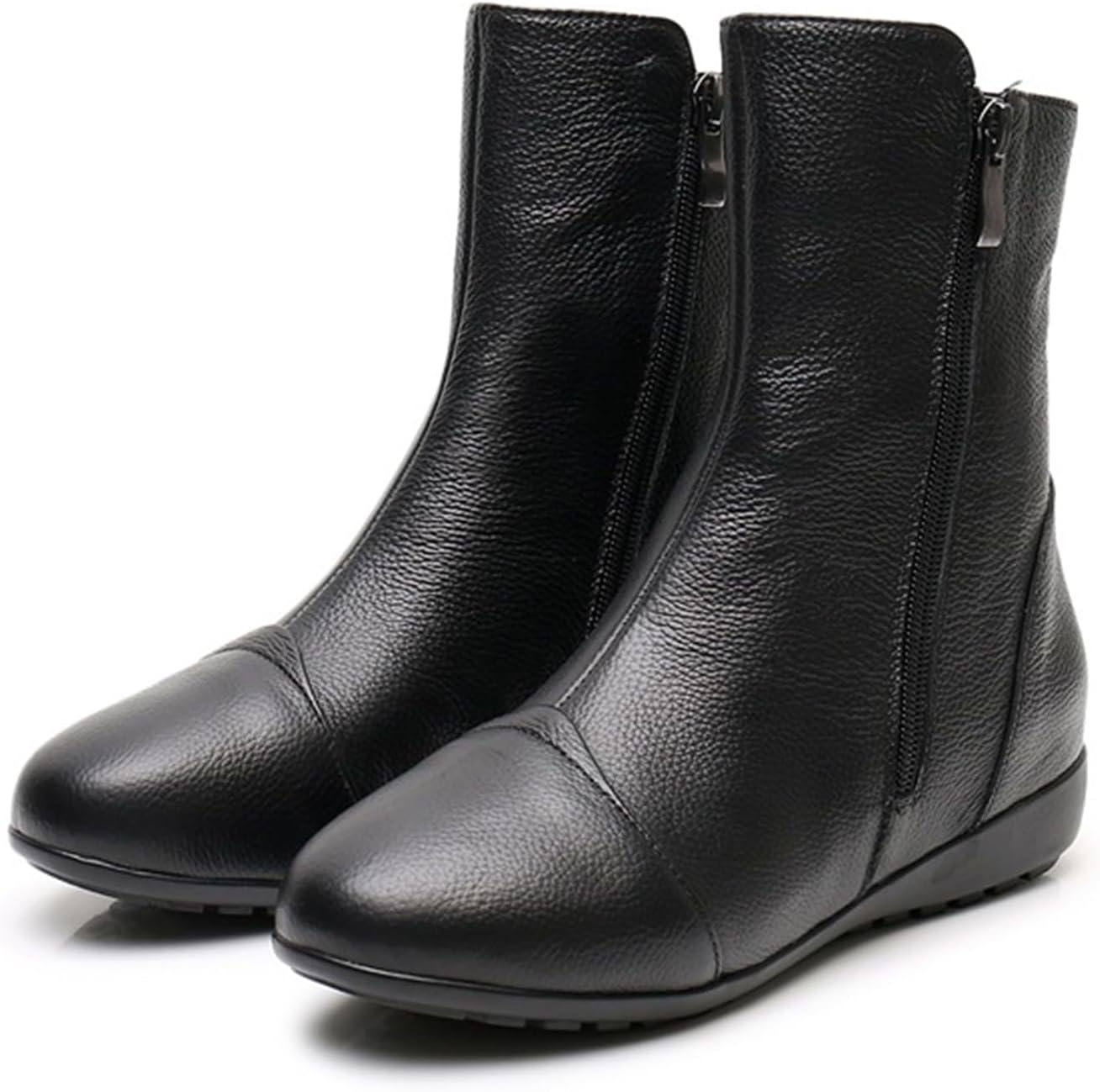 Leva - Leather Side Zip Flat Ankle Boots