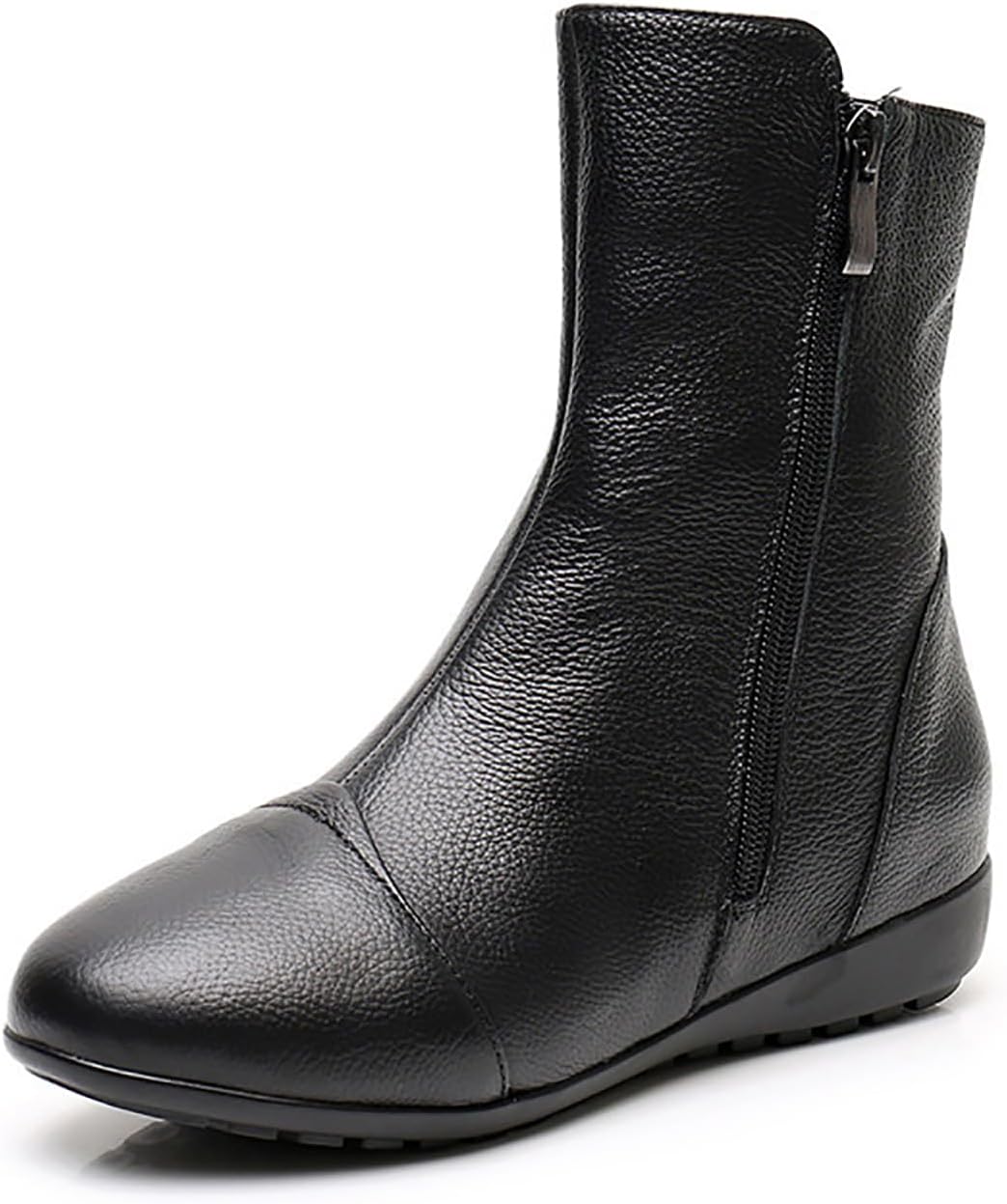 Leva - Leather Side Zip Flat Ankle Boots