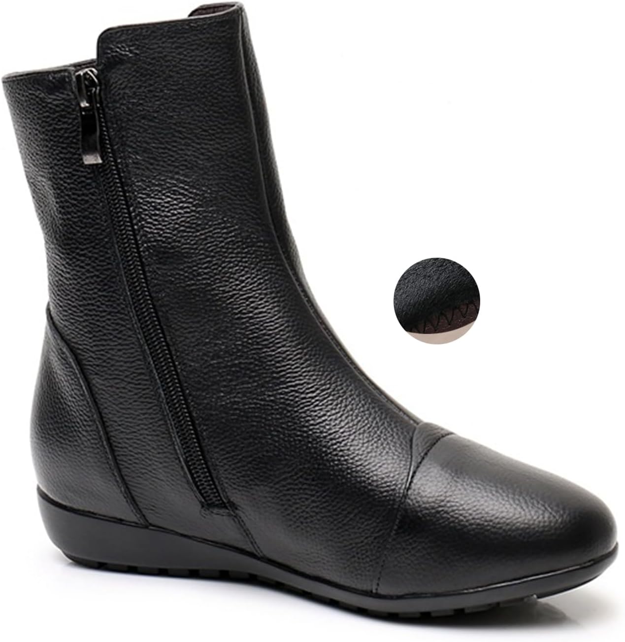 Leva - Leather Side Zip Flat Ankle Boots