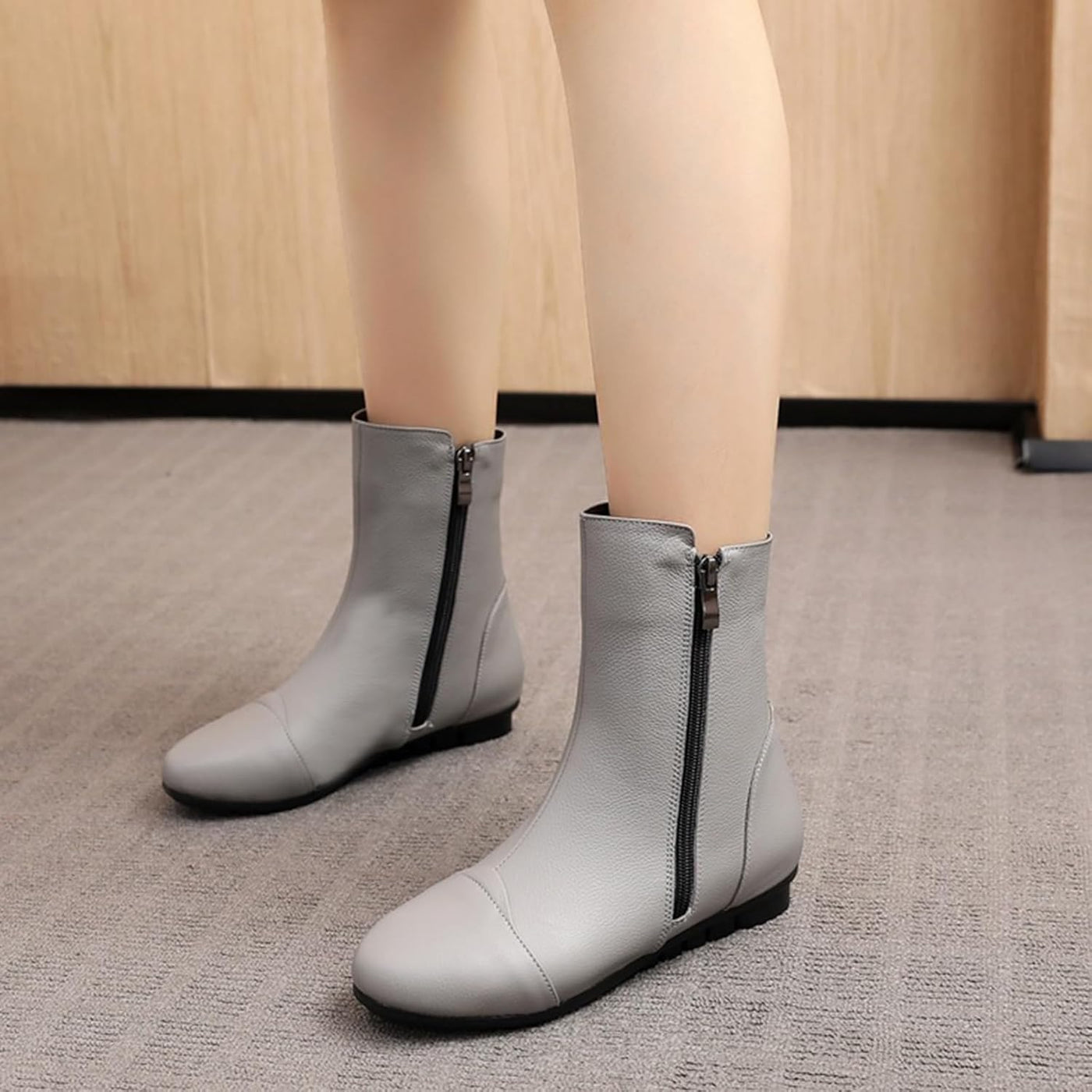 Leva - Leather Side Zip Flat Ankle Boots