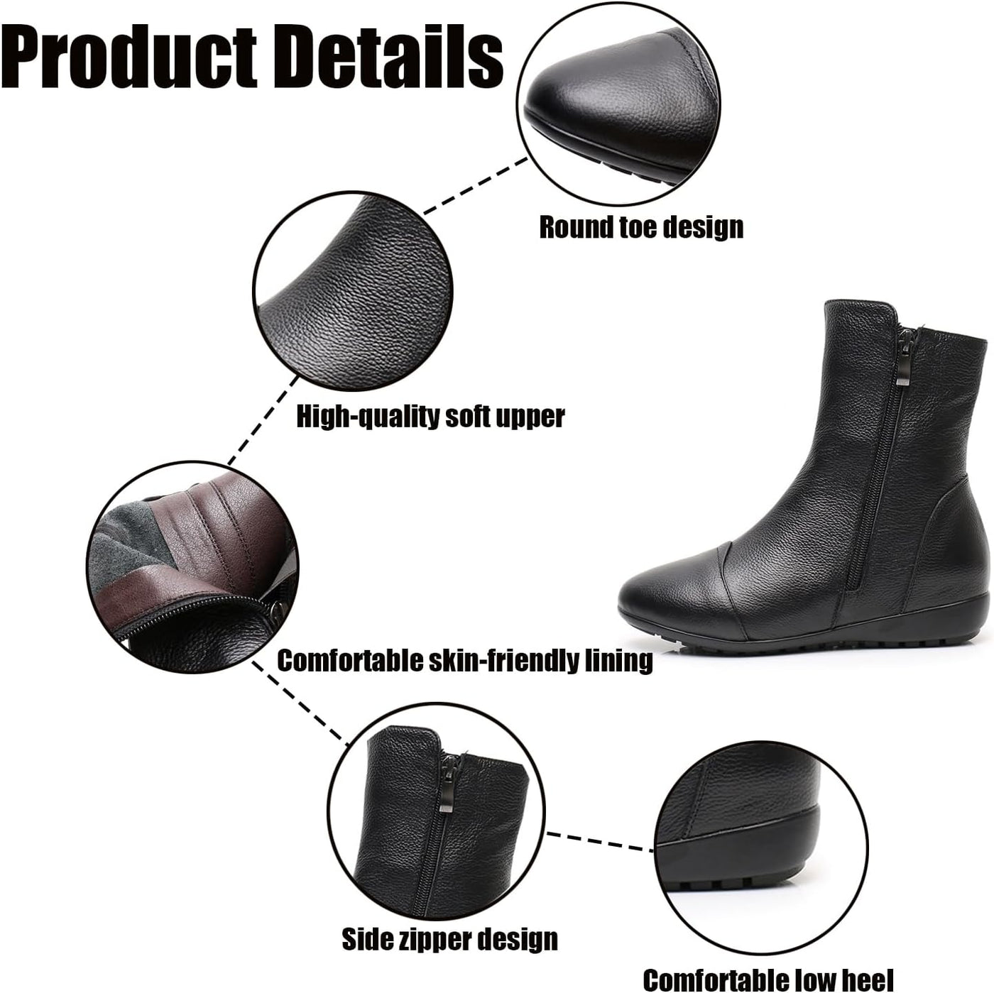 Leva - Leather Side Zip Flat Ankle Boots