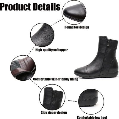 Leva - Leather Side Zip Flat Ankle Boots