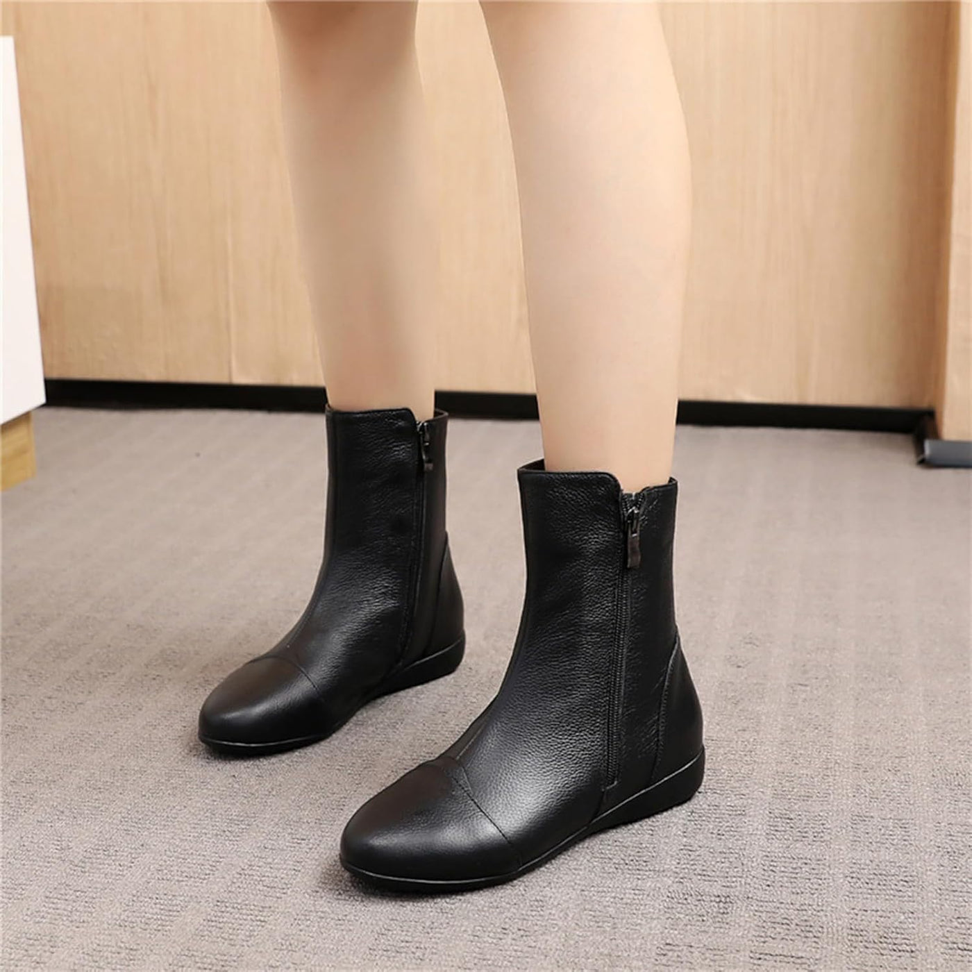 Leva - Leather Side Zip Flat Ankle Boots