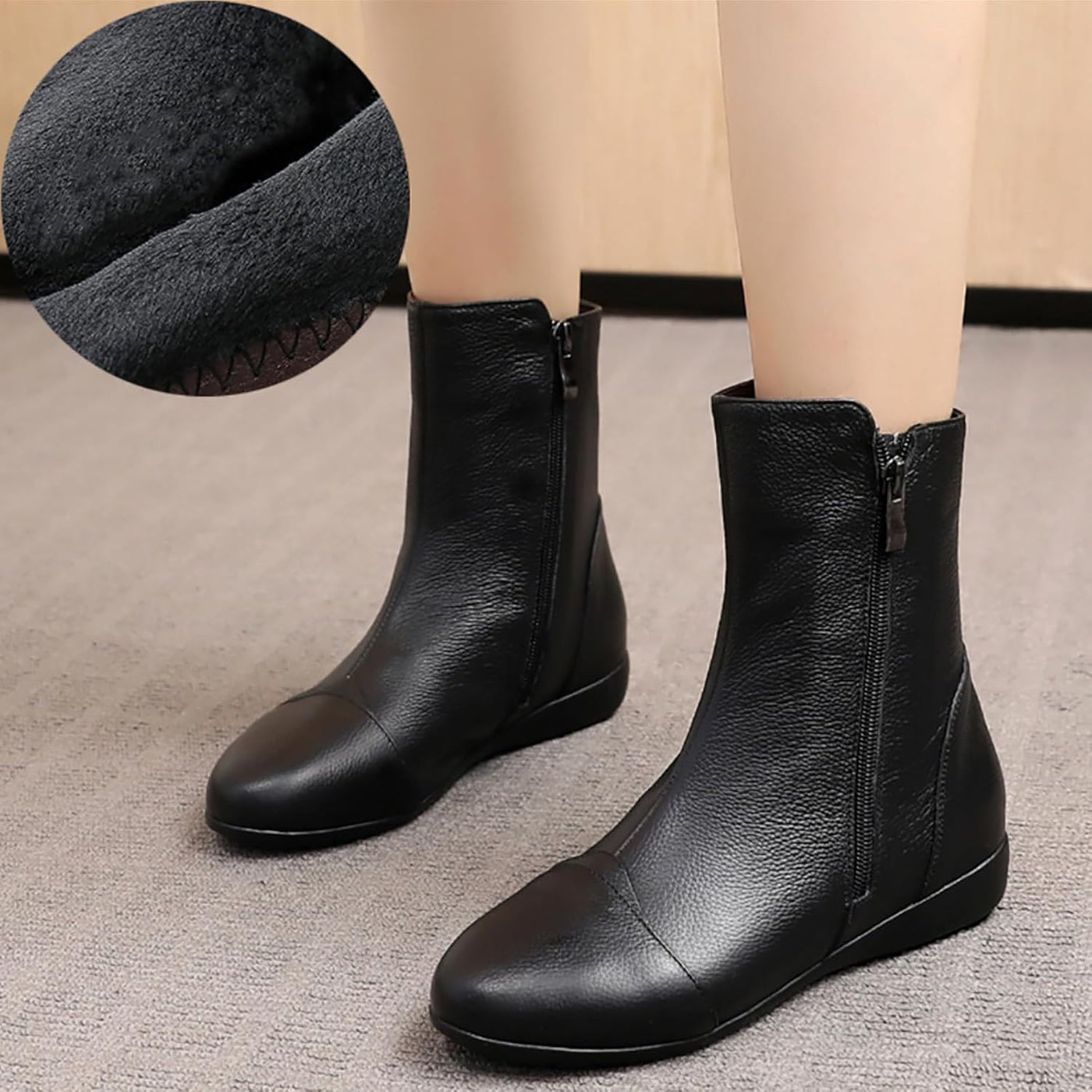Leva - Leather Side Zip Flat Ankle Boots