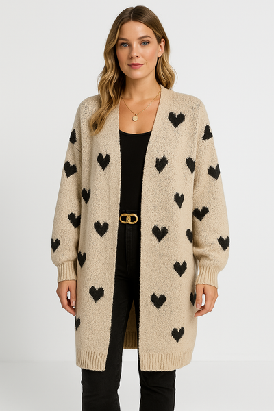Women’s Long Knitted Cardigan – Oversized Fit – Heart Pattern – Open Front Casual Layer
