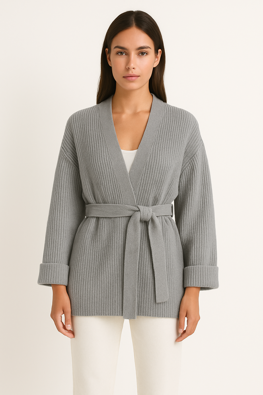 Women’s Knitted Cardigan – Oversized Fit – Ribbed Texture – Tie Waist – V-Neck