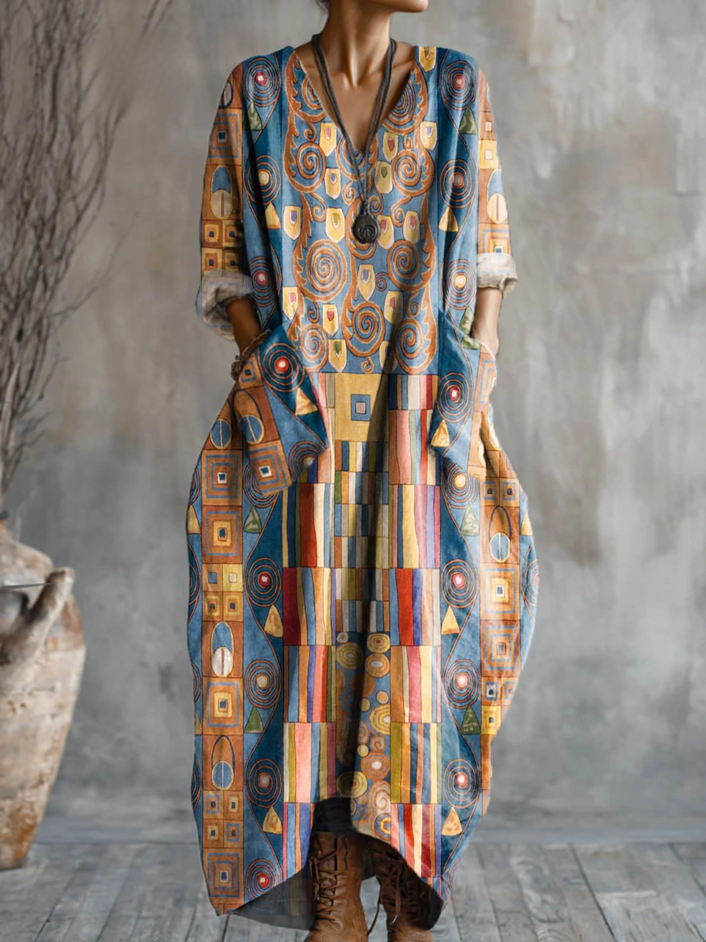 Women's dress with abstract geometric pattern, printed, with pockets, V-neck, cotton