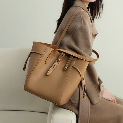 Genuine Leather Vintage Lock Buckle Tote Bag