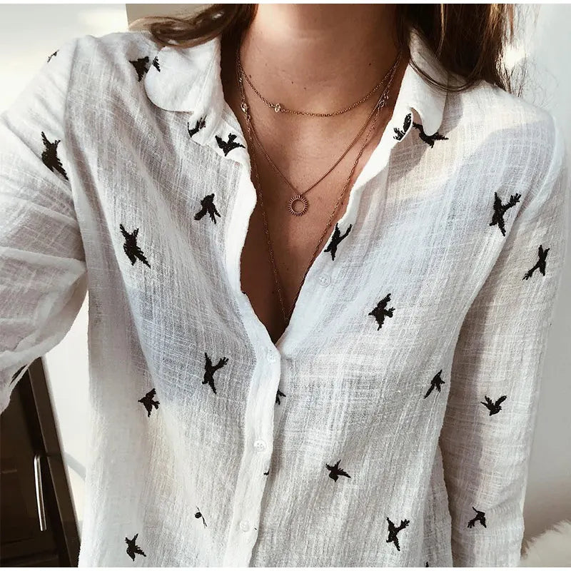 Kaia - Bird Print Long Sleeve Shirt