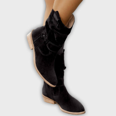 Thora - Faux Suede Flock Mid-Calf Knight Boots