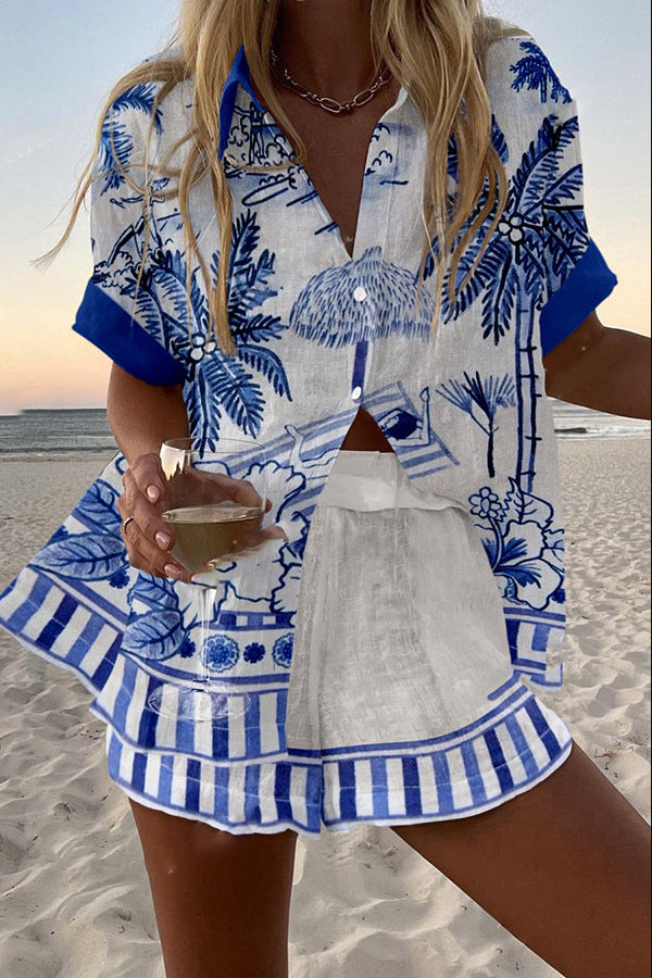 Zanika™ - Short linen suit with palm tree print