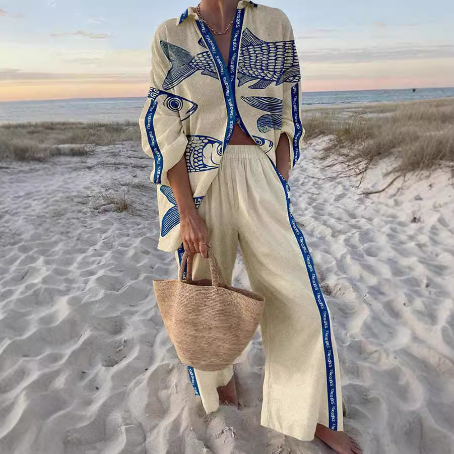 Yazette™ - Blue fish print linen set