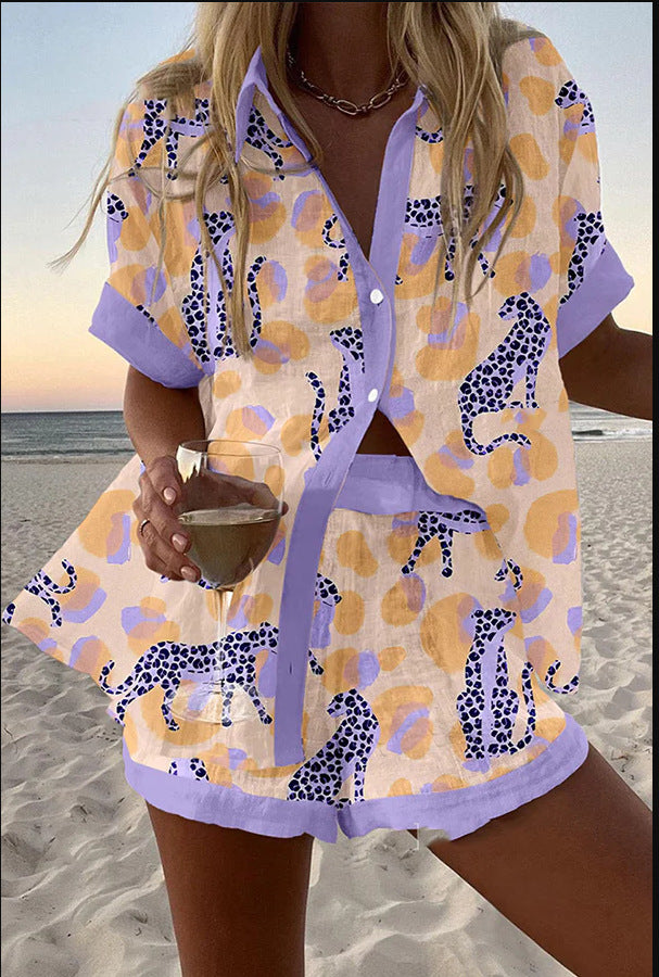 Reolia™ - Short linen suit with leopard print