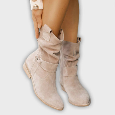 Thora - Faux Suede Flock Mid-Calf Knight Boots