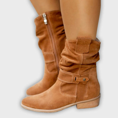 Thora - Faux Suede Flock Mid-Calf Knight Boots