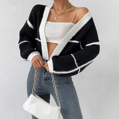 Women’s Knitted Cardigan – Cropped Fit – V-Neck – Ribbed – Balloon Sleeves – Open Front