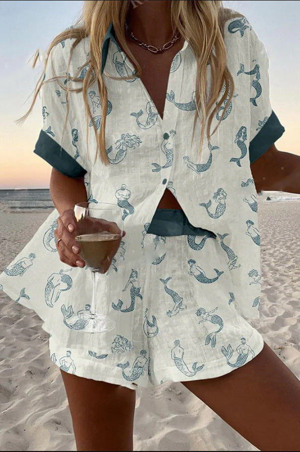Jalira™ - Mermaid Print Linen Short Suit