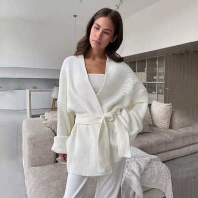 Women’s Knitted Cardigan – Oversized Fit – Ribbed Texture – Tie Waist – V-Neck