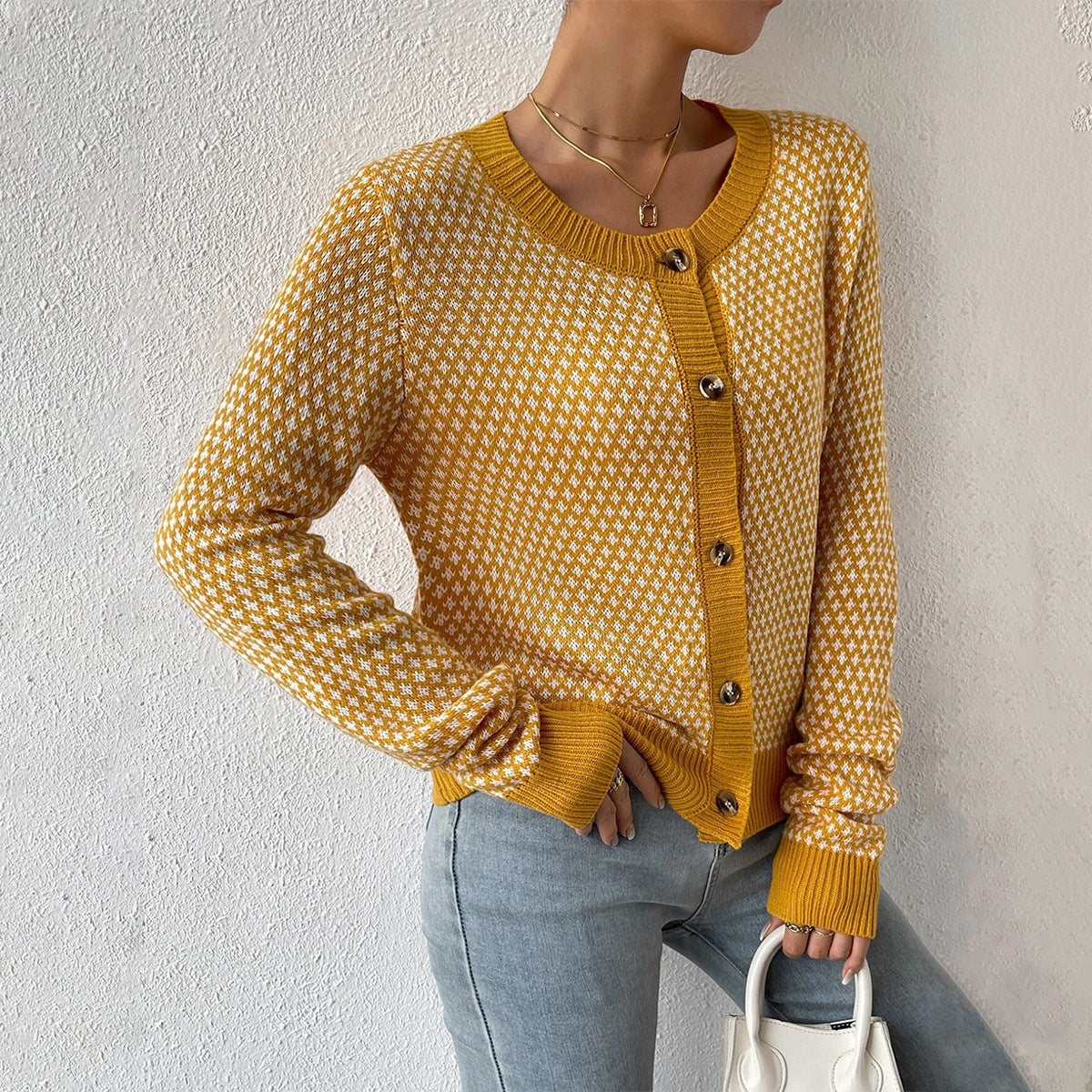 Women’s Cardigan – Button Front – Geometric Pattern – Ribbed Trim
