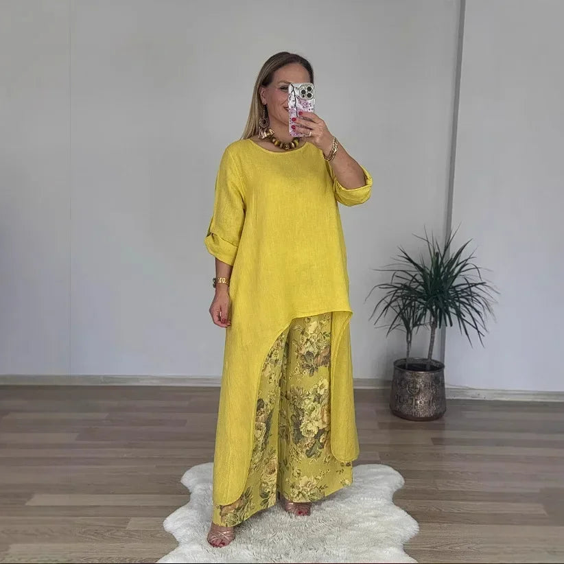 Marge - Casual loose extended top floral print pants