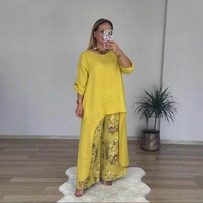 Marge - Casual loose extended top floral print pants