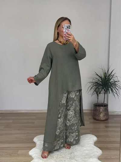 Marge - Casual loose extended top floral print pants