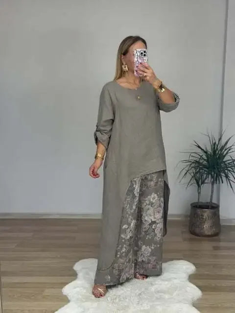 Marge - Casual loose extended top floral print pants