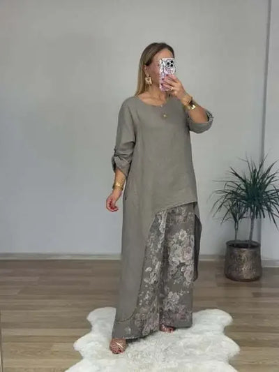 Marge - Casual loose extended top floral print pants