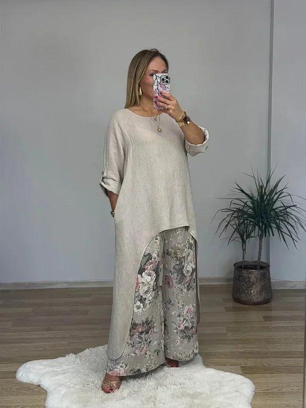 Marge - Casual loose extended top floral print pants