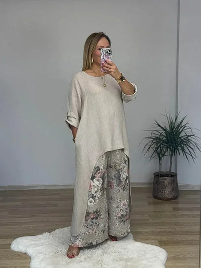Marge - Casual loose extended top floral print pants