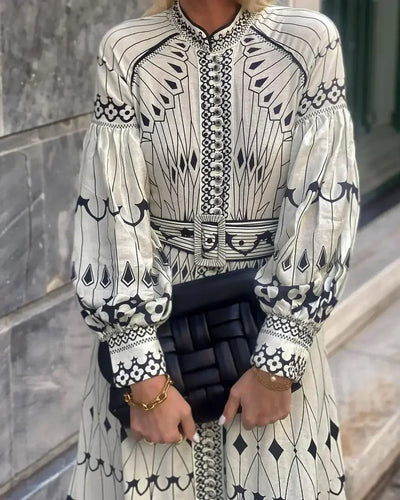 Kathleen - Elegant Retro Pattern Print A-Line Dress
