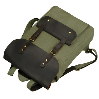 Genuine Leather & Canvas Rucksack - Vintage College Laptop Backpack