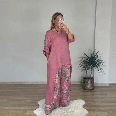 Marge - Casual loose extended top floral print pants